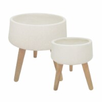 Ceramic Body Planter with Wooden Angled Legs, Set of Two, White and Brown- Saltoro Sherpi