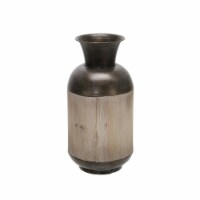Cylindrical Metal Jar with Wooden Accent and Flared Opening,Black and Brown- Saltoro Sherpi