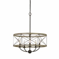 Round Wooden Frame Pendant Fixture with Metal Lattice Design, Dark Bronze- Saltoro Sherpi