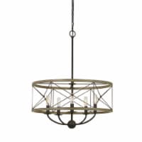 Round Wooden Frame Pendant Fixture with Metal Lattice Design, Dark Bronze- Saltoro Sherpi