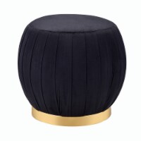 Fabric Upholstered Round Pleated Ottoman with Metal Base, Black and Gold- Saltoro Sherpi