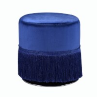 Fabric Upholstered Round Ottoman with Fringes and Metal Base, Dark Blue- Saltoro Sherpi