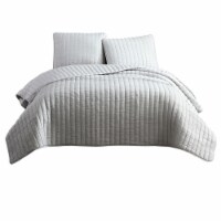 3 Piece Crinkle King Size Coverlet Set with Vertical Stitching, Light Gray