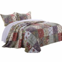 Chicago 3 Piece Fabric Full Bedspread Set With Jacobean Prints, Multicolor