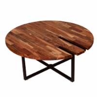 35 Inch Peter Round Coffee Table with Wooden Top and Metal Base, Brown and Black