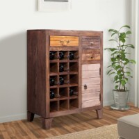 35 Inch 3 Drawer Mango Wood 15 Bottle Wine Accent Cabinet with 1 Door Storage, Brown- Saltoro