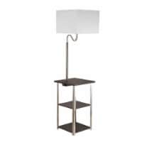 2 Shelf Wooden Side Table with Attached Floor Lamp, Silver and Brown- Saltoro Sherpi