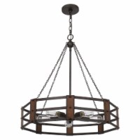Chandelier with Octagonal Cage Design Metal Frame and Wood Accents, Brown- Saltoro Sherpi