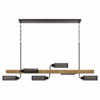 Island Chandelier with 6 Mesh Metal Shades and Wooden Support, Black- Saltoro Sherpi