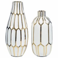 Vase with Honeycomb Geometric Design, Set of 2, White and Gold- Saltoro Sherpi