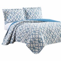 Veria 3 Piece Queen Quilt Set with Embroidery The Urban Port, White and Blue- Saltoro Sherpi