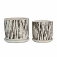 Ceramic Planter with Polka Dot Design and Saucer, Set of 2, Beige- Saltoro Sherpi