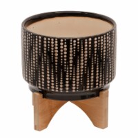 Ceramic Planter with Dotted Pattern and Wooden Stand, Brown- Saltoro Sherpi