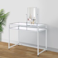 2 Piece Metal Vanity Set, Tempered Glass, Faux Fur Seat, 1 Shelf, Silver- Saltoro Sherpi