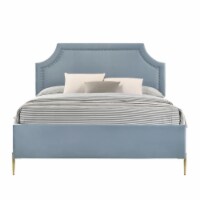Pia Platform King Upholstered Bed with Chiseled Corners, Blue, Gold- Saltoro Sherpi