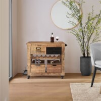 31 Inch Handcrafted Rustic Mango Wood Bar Cart Trolly with 3 Drawers and 6 Wine Bottle