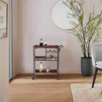 30 Inch Handcrafted Mango Wood Bar Serving Cart with Caster Wheels, 6 Bottle Holders, Tray