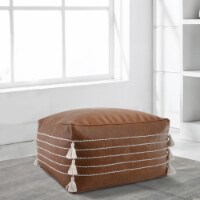 24 Inch Square Vegan Faux Leather Pouf, Yarn Embroidery, Tassels, Brown- Saltoro Sherpi