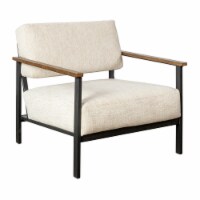 31 Inch Upholstered Accent Chair, Oak Wood Arms, Metal, Beige, Black