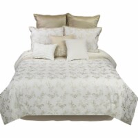 Zoey 10 Piece Polyester King Comforter Set, Gold Floral Design Print, White- Saltoro Sherpi