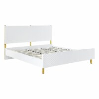 Tyra Modern Wood King Bed, Panel Headboard, Textured Chevron, White, Gold- Saltoro Sherpi