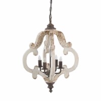 20 Inch 4 Light Wood Chandelier, Classic Candelabra Style, Vintage, White, Saltoro Sherpi