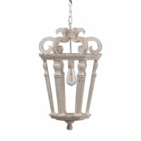 16 Inch Wood Chandelier, Carved Design, Single Bulb, Classic, Vintage White, Saltoro Sherpi