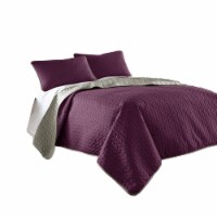 Eva 3 Piece King Microfiber Reversible Coverlet Set, Quilted, Gray, Purple- Saltoro Sherpi