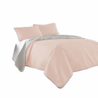Eva 3 Piece King Microfiber Reversible Coverlet Set, Quilted, Gray, Pink- Saltoro Sherpi