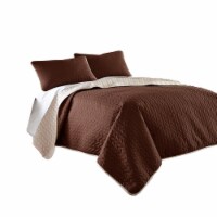 Eva 3 Piece King Microfiber Reversible Coverlet Set, Quilted, Brown, Ivory- Saltoro Sherpi
