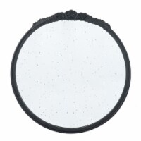 Eel 30 Inch Round Wall Mirror, Black Wood Frame, Hand Carved Rose Accent
