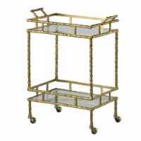 30 Inch 2 Tier Bar Cart, Aluminum Frame, Clear Glass Shelves, Antique Brass- Saltoro Sherpi