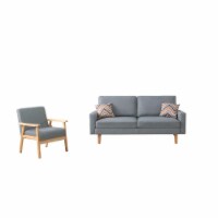 Gala 2pc Sofa and Chair Set, Light Gray Fabric, 2 Pillow, Brown Wood Frame- Saltoro Sherpi