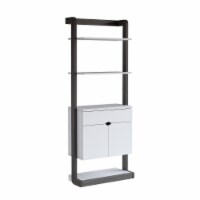 65 Inch Modern Display Cabinet, 4 Shelves, Drawer, Distressed Gray, White- Saltoro Sherpi