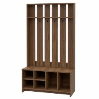 68 Inch Hall Tree with Shoe Bench, 4 Hooks, 6 Open Compartments, Mahogany- Saltoro Sherpi