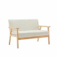 Gala 45 Inch Modern Loveseat Bench, Ivory Fabric, Natural Brown Wood Frame - Saltoro Sherpi