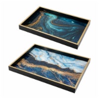 Set of 2 Rectangular Decorative Trays, Tall Rims, Faux Marble, Blue, Gold- Saltoro Sherpi