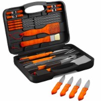 Wood BBQ Grill Tool Set- 22 Pc Stainless Steel Barbecue Accessories with Wooden Handles,