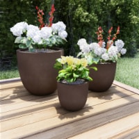 Set of 3 Large Fiber Clay Planters Antique Brown Weather Resistant Modern Round Outdoor