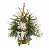 29-in Cymbidium & Mixed Greens Artificial Plant Hanging Basket