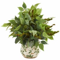 Nearly Natural 8549 Mixed Ficus, Fittonia & Berries Artificial Plant in Floral Vase