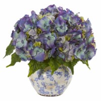 Nearly Natural 1845-BL Hydrangea Artificial Arrangement in Floral Design Vase - Blue