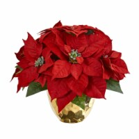 Nearly Natural 1963 Poinsettia Artificial Arrangement in Golden Vase