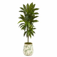Nearly Natural P1326 4 in. Dracaena Artificial Plant in Flower Print Planter - Real Touch