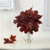 Nearly Natural P1541-BG 18 in. Autumn Maple Leaf Artificial Plant in Glass Planter, Burgundy