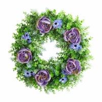 22-in Purple Rose, Blue Daisy and Greens Artificial Wreath