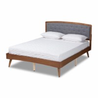 Grey Fabric Upholstered and Walnut Brown Finished Wood Queen Size Platform Bed