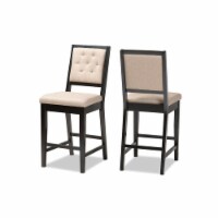 Sand Fabric Upholstered & Dark Brown Finished Wood 2-Piece Counter Stool Set