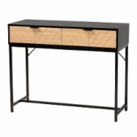 Two-Tone Black and Brown Finished Wood and Black Metal 2-Drawer Console Table