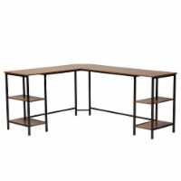 Lydia Modern Walnut Brown Finished Wood and Black Metal L-Shaped Corner Desk with Shelves
